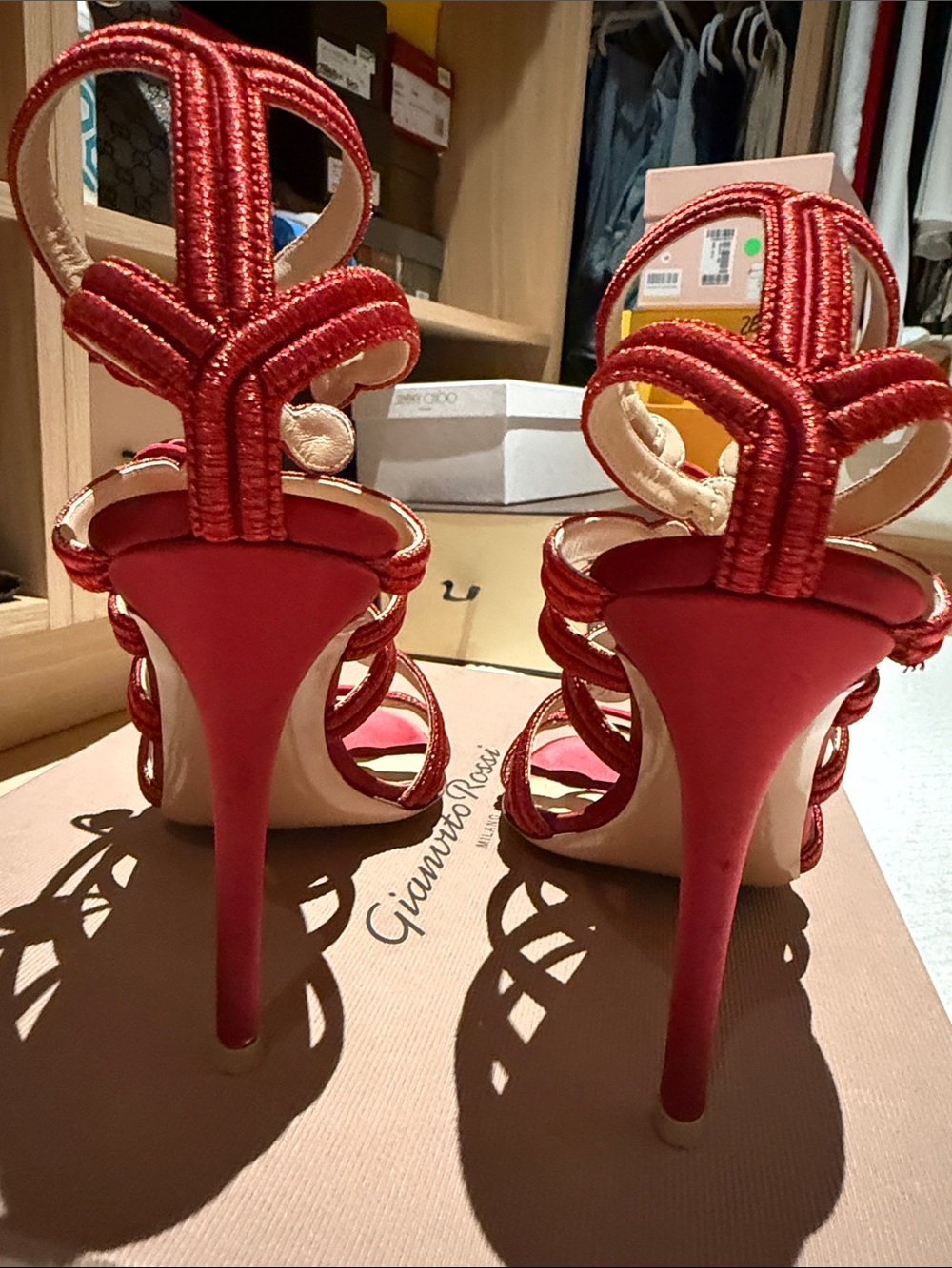 Gianvito Rossi Red Knotted Strappy Satin Heels - Picture 4 of 6